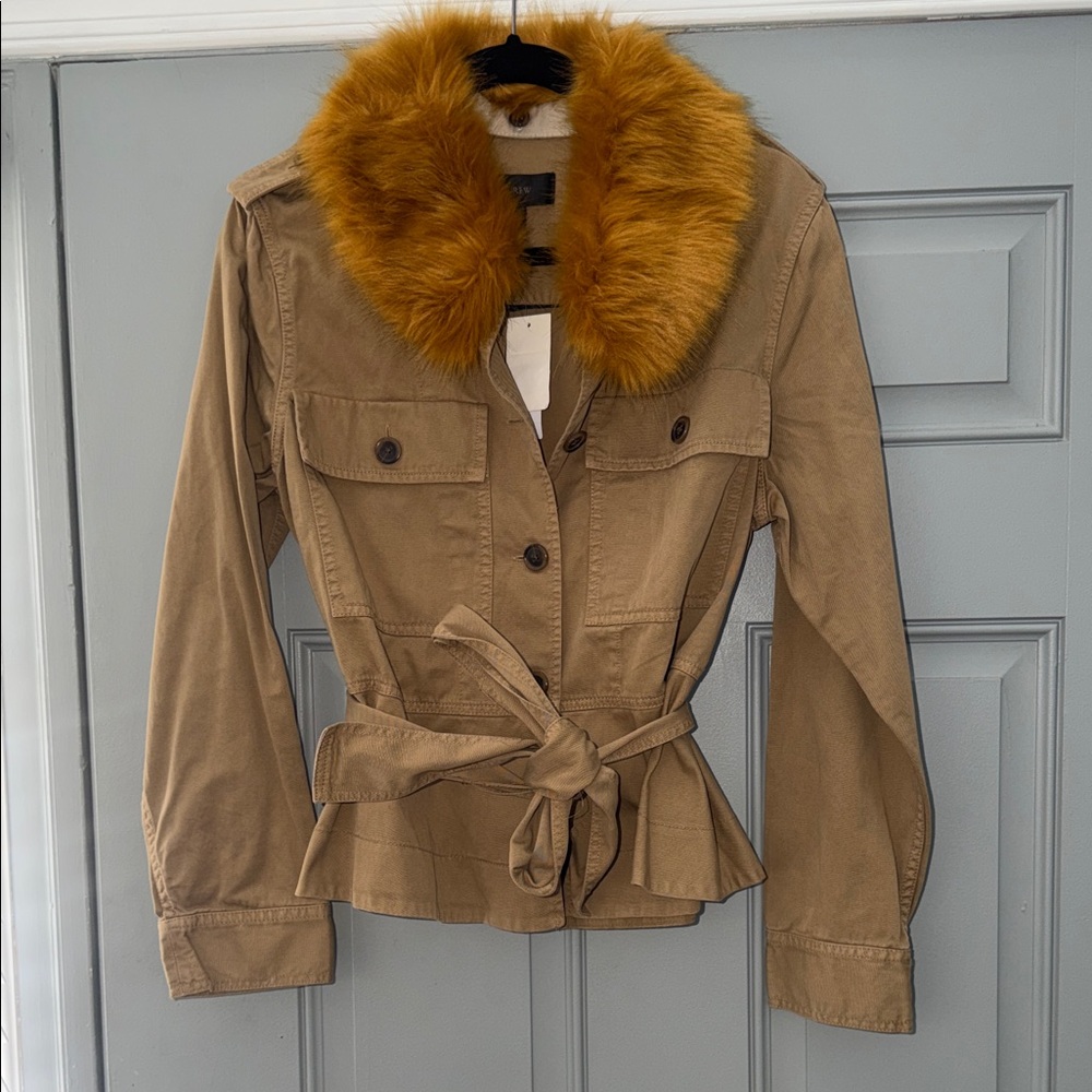 NWT - Superfly J. Crew Peplum Chino Jacket with Removable Faux Fur Collar-Large